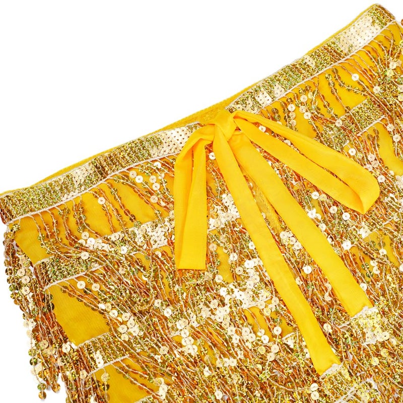 Fenyong Women's Sequin Tassel Skirts Sparkly Rave Fringe Hip Scarf for Festival Costume(Gold) - Image 5